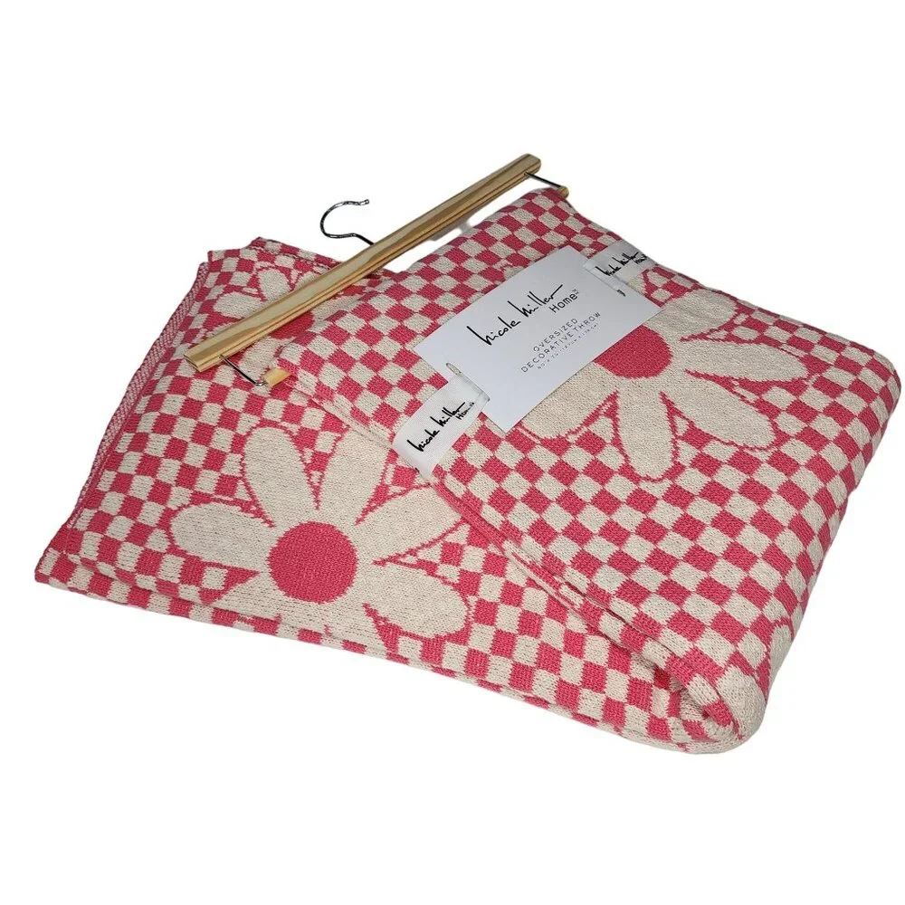 Nicole Miller Cotton‎ Throw Blanket Decorative Oversize Floral And Check 50x70in